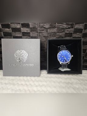 Vince Camuto Men's Bright Blue Dial Black Leather Strap Watch
